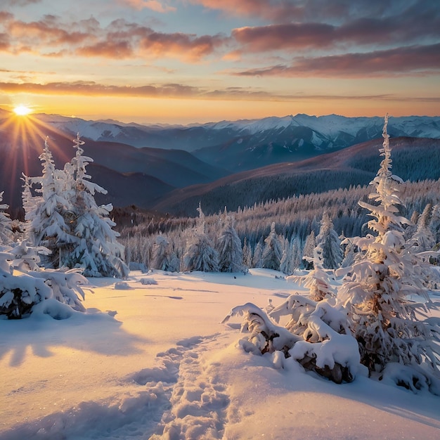 Photo majestic sunrise in the winter mountains landscape