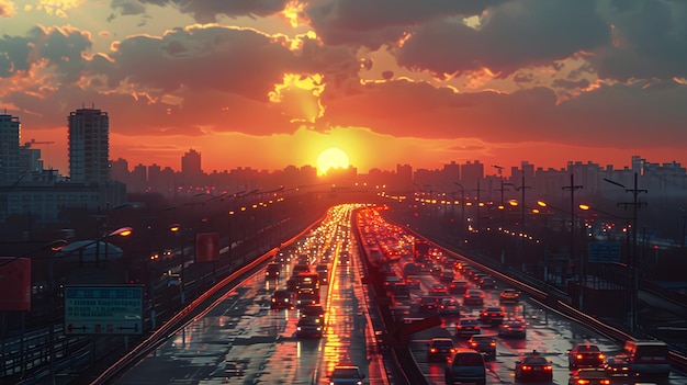 Majestic Sunset Over an Asphalt Highway Lined with Modern Skyscrapers Creating