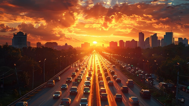 Majestic Sunset Over an Asphalt Highway Lined with Modern Skyscrapers Creating