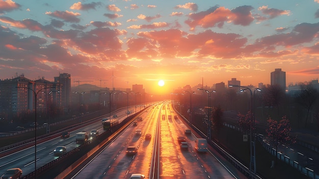 Majestic Sunset Over an Asphalt Highway Lined with Modern Skyscrapers Creating