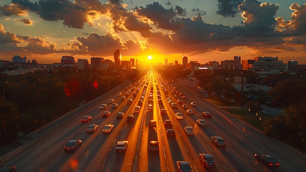 Majestic Sunset Over an Asphalt Highway Lined with Modern Skyscrapers Creating