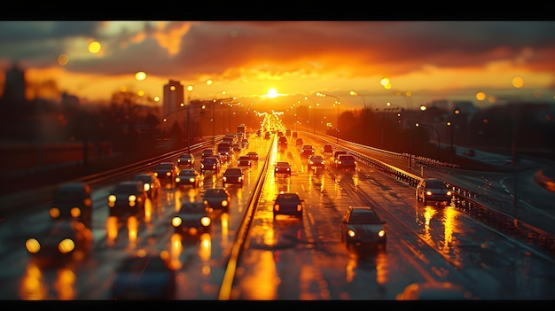 Majestic Sunset Over an Asphalt Highway Lined with Modern Skyscrapers Creating