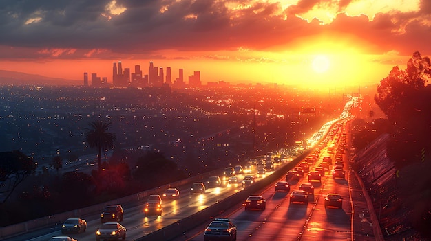 Majestic Sunset Over an Asphalt Highway Lined with Modern Skyscrapers Creating