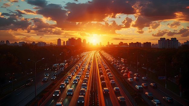 Majestic Sunset Over an Asphalt Highway Lined with Modern Skyscrapers Creating