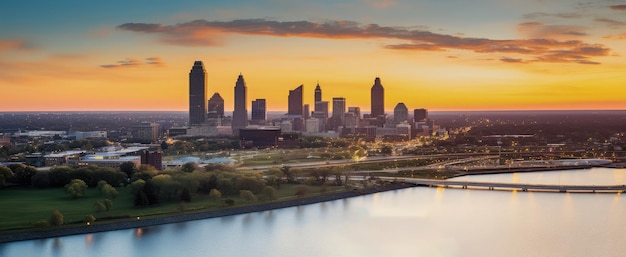 Majestic Sunset Over Metropolitan Skyline by River