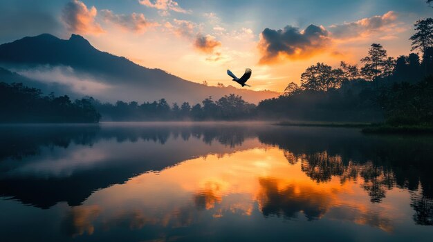 Photo majestic sunset over mountain lake with flying eagle