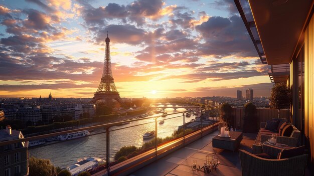 Photo majestic sunset overlooking eiffel tower and seine river from rooftop