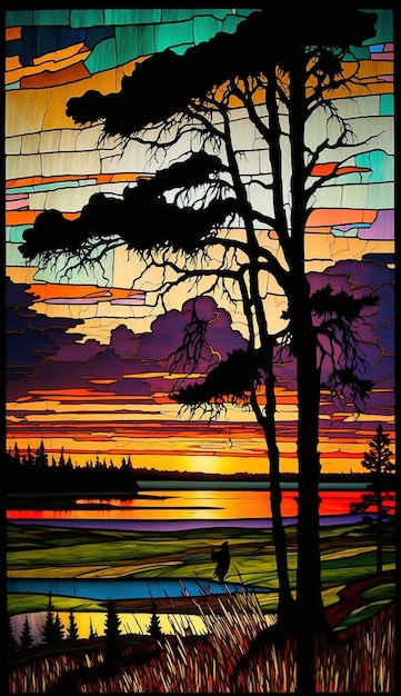 Majestic Sunset Plains Stained Glass Landscape Generative ai