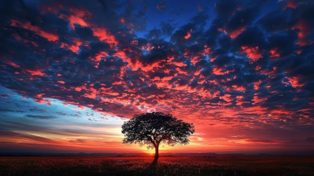 Majestic sunset sky paints the clouds with vivid hues over lonely tree in golden field