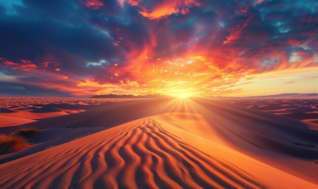 Photo majestic sunset over a vast desert landscape with dunes casting long shadows and the sky ablaze with color