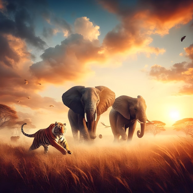 Majestic Symphony Elephants and Tiger Embark on a Synchronized Run Across the Wilderness