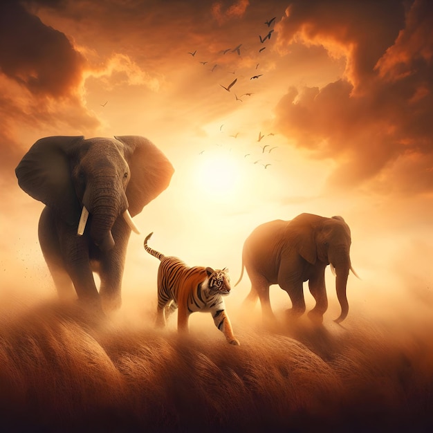 Majestic Symphony Elephants and Tiger Embark on a Synchronized Run Across the Wilderness