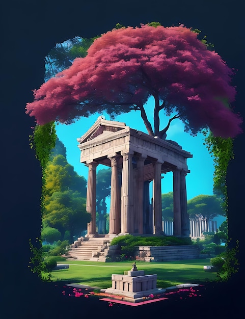 A majestic temple of Epicurus surrounded by lush gardens and a tranquil tree