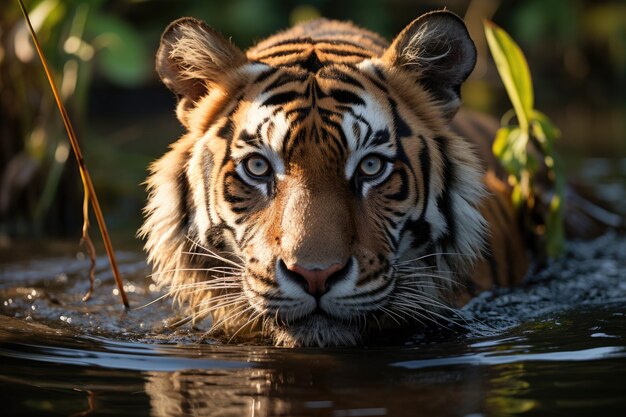 Majestic tiger emerges in the serene jungle generative IA