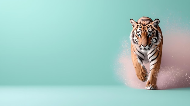 A Majestic Tiger in Full Stride Against a Soft Pastel Background Capturing the Essence of Power