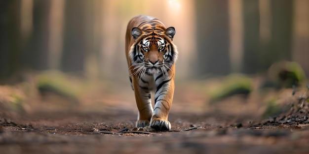 Majestic tiger largest cat known for strength and ferocity walks through forest Concept Wildlife Tigers Nature Strength Forest