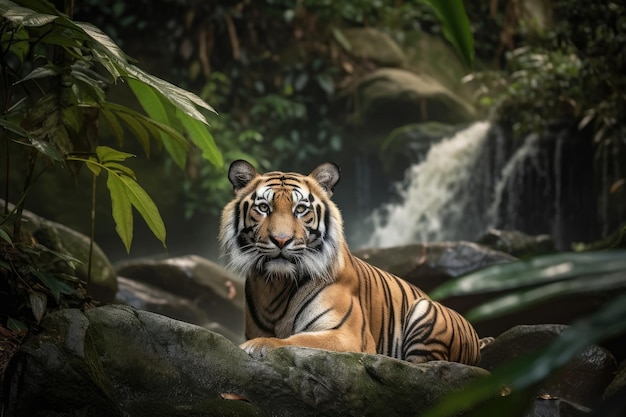 A majestic tiger in the lush jungle generative IA