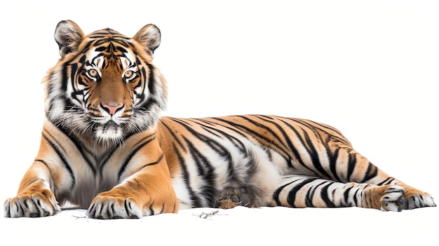 A majestic tiger lying down and looking at the camera