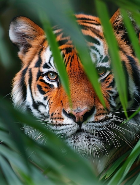 Photo majestic tiger peering through lush greenery wildlife closeup