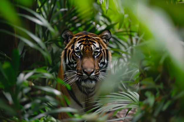 Majestic Tiger Prowling Through Dense Jungle Foliage