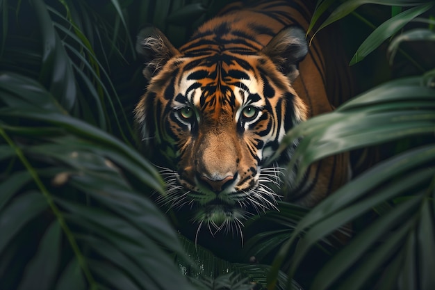 Majestic Tiger Prowling Through Dense Jungle Foliage