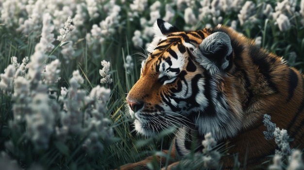 Majestic tiger prowls through a field of blooming flowers embodying wild grace