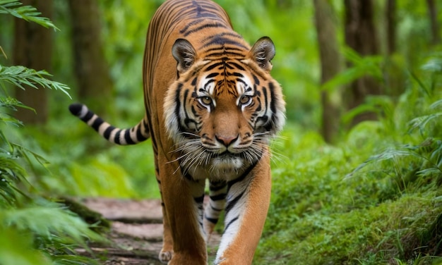 Majestic tiger roaming through the lush forest