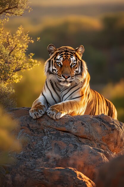 Photo a majestic tiger surveying his domain from a rocky outcrop at sunrise golden light illuminating