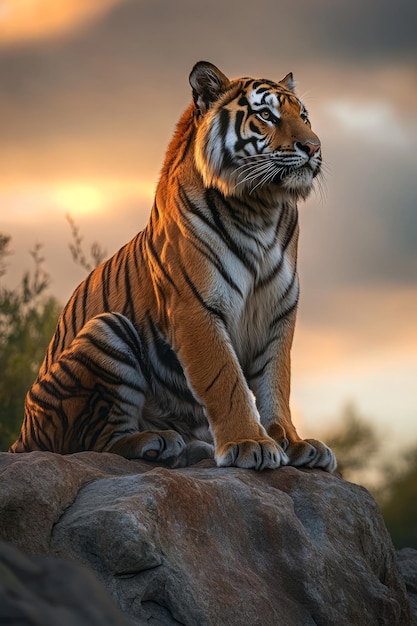 A majestic tiger surveying his domain from a rocky outcrop at sunrise golden light illuminating