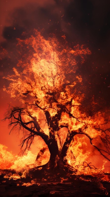 Photo a majestic tree engulfed in flames against a dramatic sky