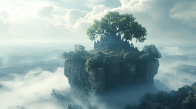 Photo a majestic tree grows on a clifftop with a castle nestled amongst its branches surrounded by mist