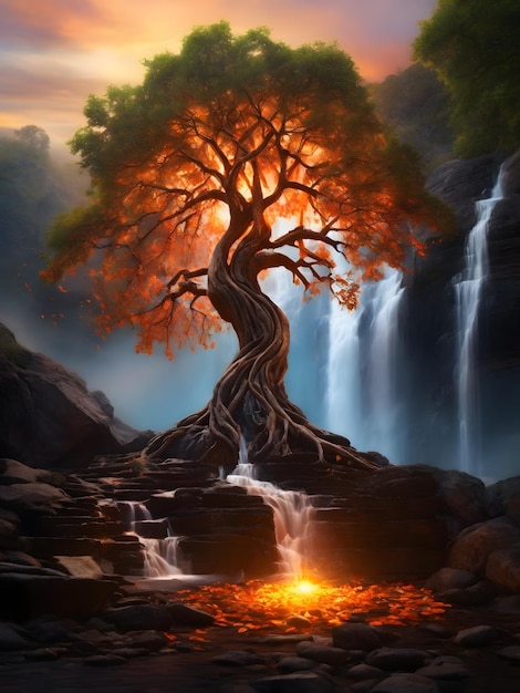 A majestic tree stands tall its roots plunging deep into the earth