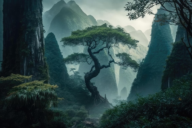 Majestic tree surrounded by bamboo forest with misty mountains in the background