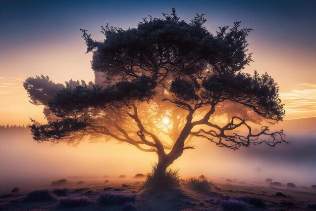 Majestic tree surrounded by misty fog with view of the sunrise