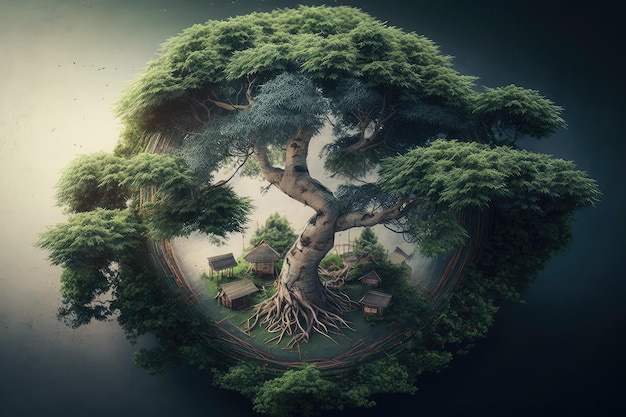 Majestic tree with aerial view of forest surrounded by swaying bamboo