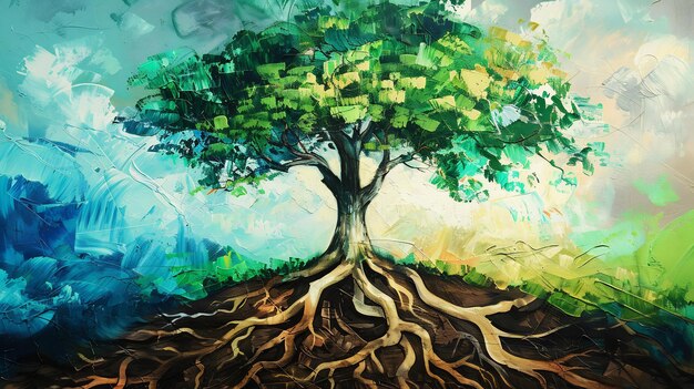 Photo a majestic tree with extensive root system in oil painting