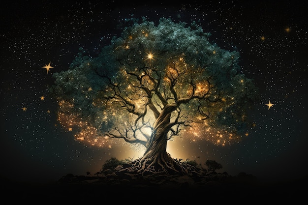 Majestic tree with lush foliage and shining star in the night sky