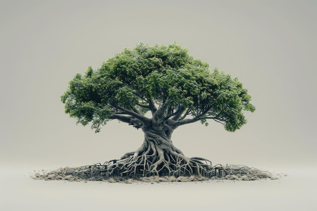 A majestic tree with lush green foliage and intricate roots set against a neutral light gray background The scene conveys a sense of nature and growth