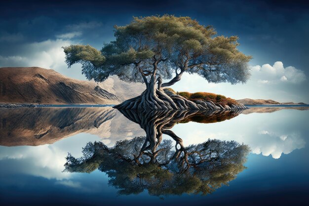 Majestic tree with reflection in tranquil lake