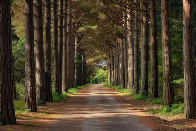 Majestic TreeLined Road in a Dense Forest An entrance framed by towering pines in a secluded woodland park AI Generated