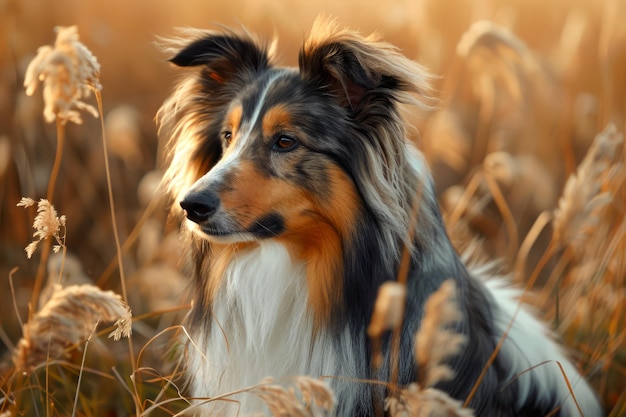 Majestic Tricolor Shetland Sheepdog Sitting in Golden Wheat Field at Sunset with Soft Focus