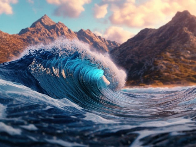 Photo majestic tube wave crashing towards shore energy building epic ocean scene with mountain