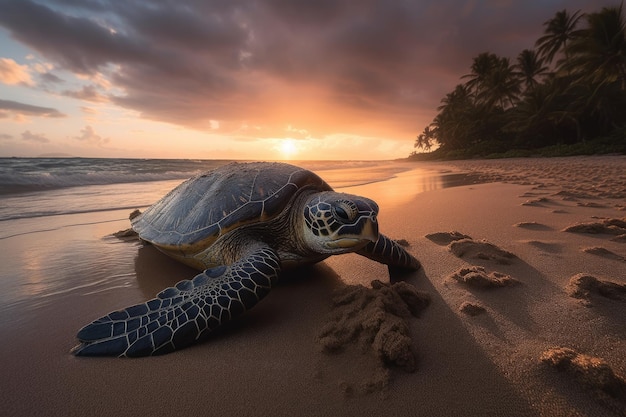 Majestic turtle on the beach at sunset generative IA