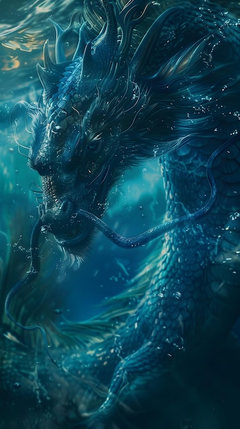 Photo the majestic underwater dragon a mystical aqua beast symbolizes power and mystery in the ocean