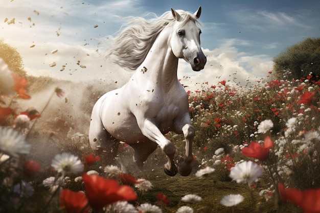 majestic unicorn galloping through field of wildflowers