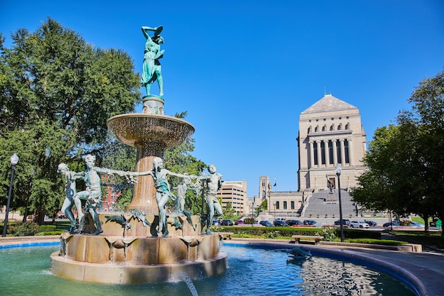 Majestic Urban Fountain with Neoclassical Building Indianapolis Plaza