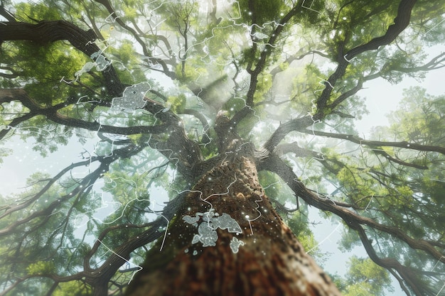 Photo majestic view from the base of a tall tree looking up into the canopy with sunlight filtering through lush green leaves in a serene forest