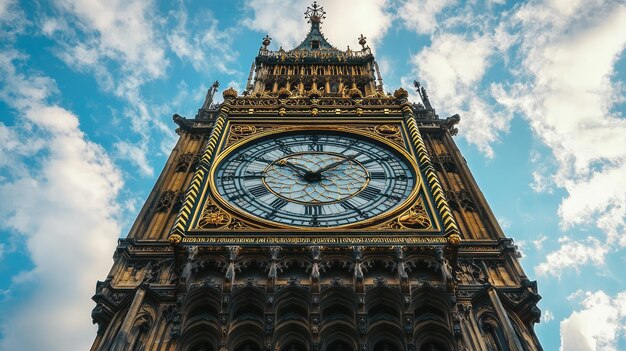 Photo a majestic view of an iconic clock tower against a blue sky with dramatic clouds showcasing intricate architectural details