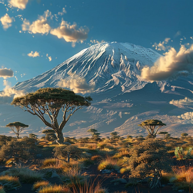 Majestic View of Mount Kilimanjaro Against a Blue Sky