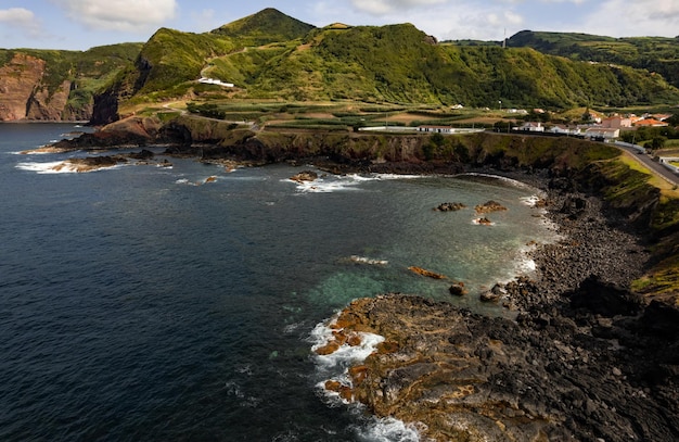 Majestic view of seashore and mountains